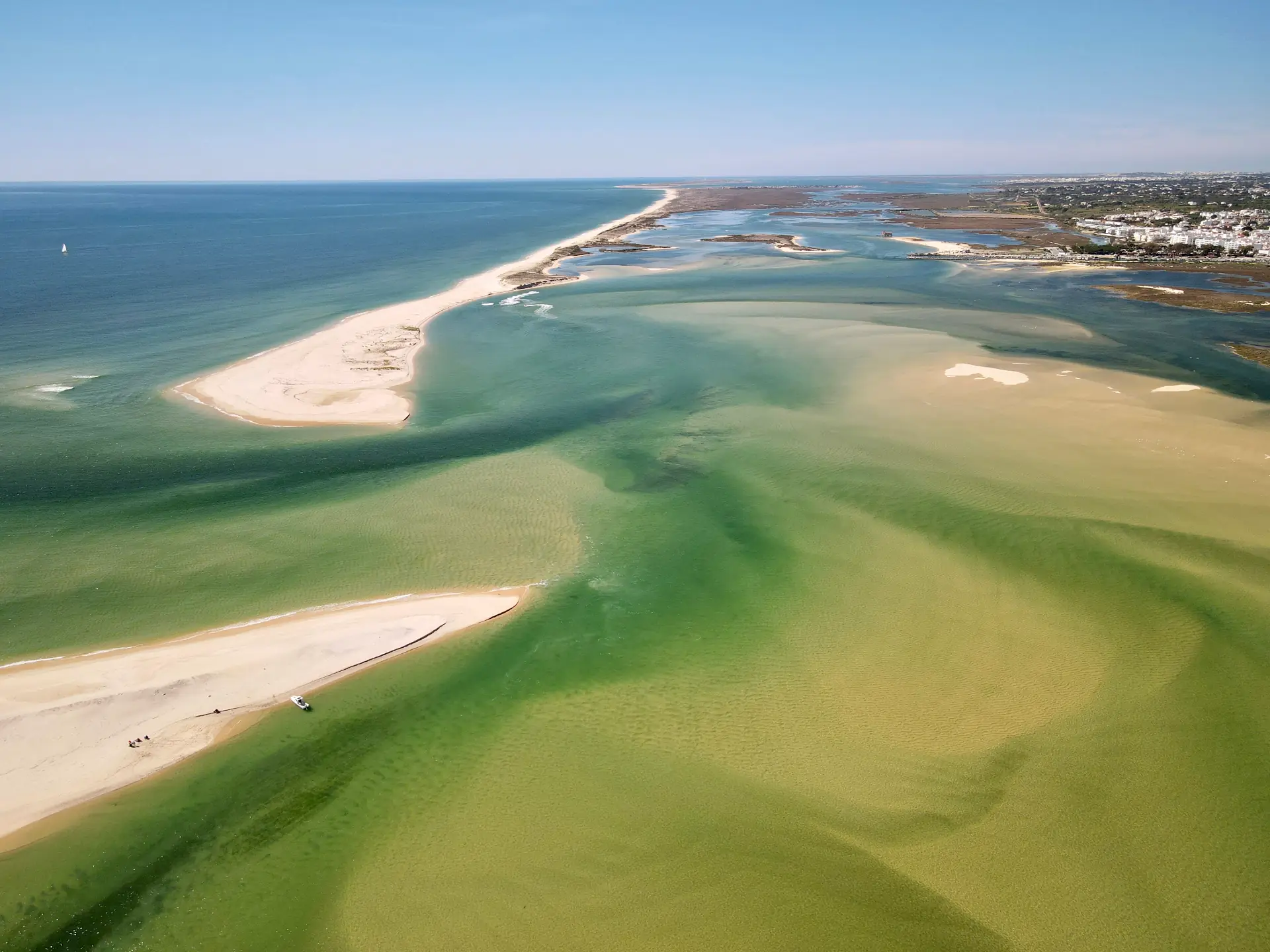 Aerial view of the sandbanks, islands and channels of the Ria Formosa